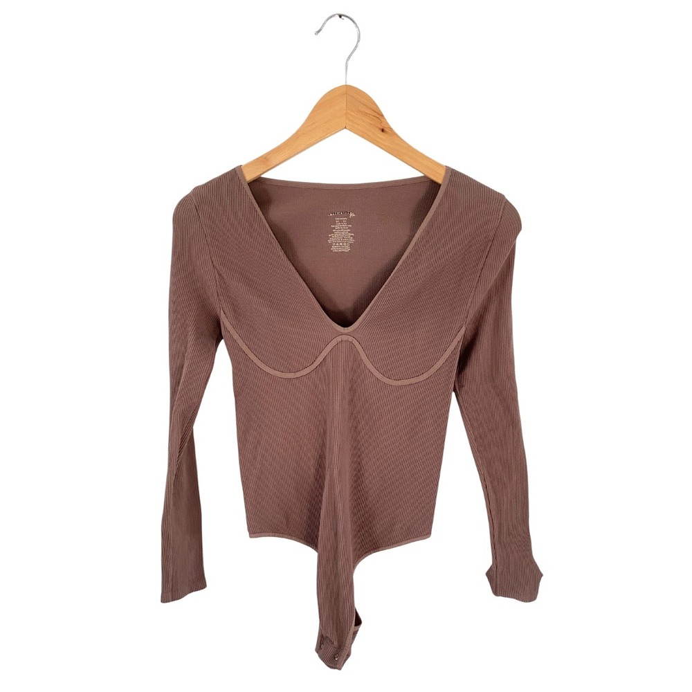 Free People Ribbed Deep V Bodysuit – Long Sleeve, Size Medium/Large, Brown Taupe